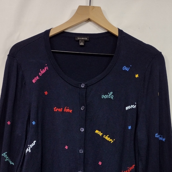 Talbots Charming Embroidered Sweater Cardigan Women's L Blue French Artsy Retro - Picture 4 of 12